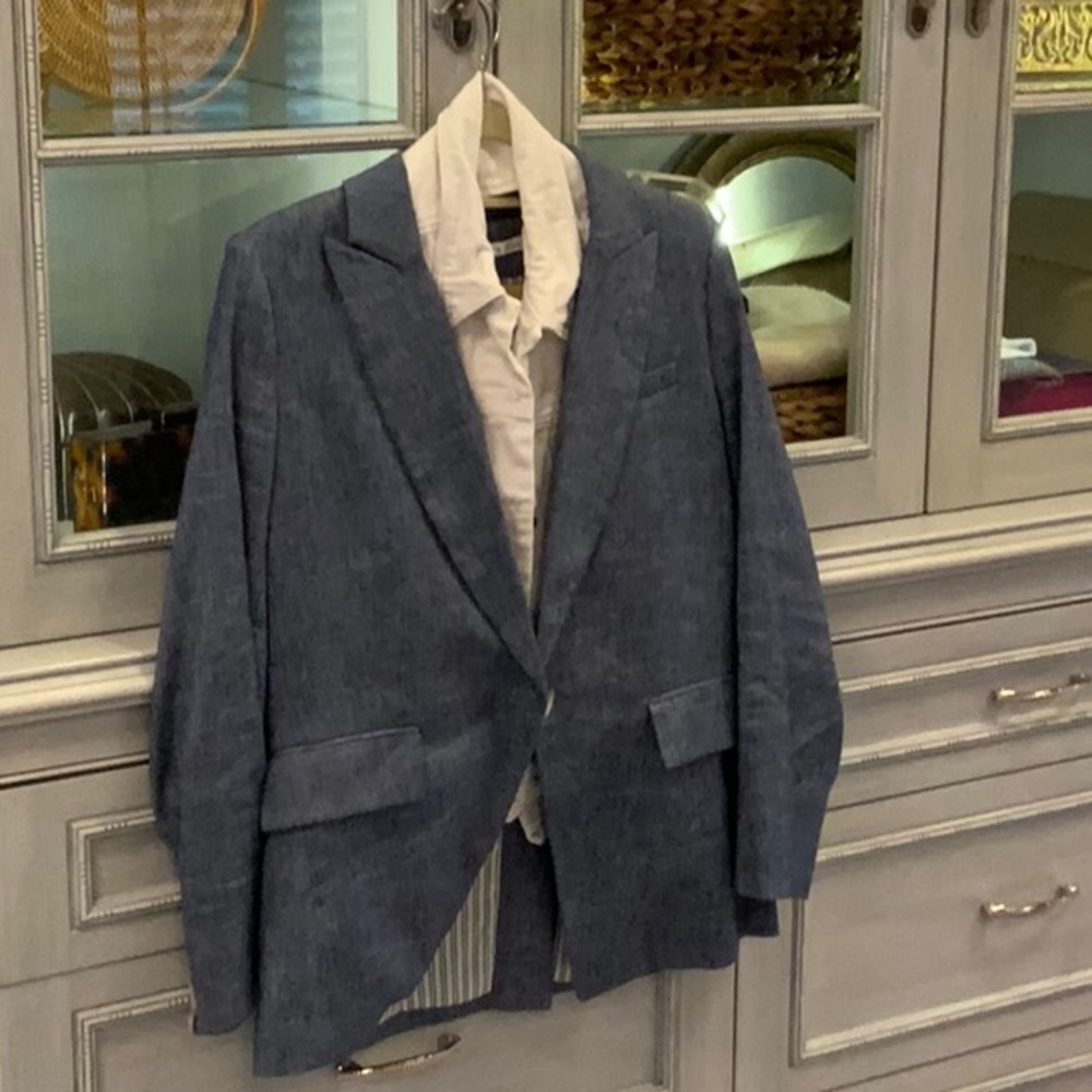 Veronica Beard blazer and white denim dickie blue and silver metallic